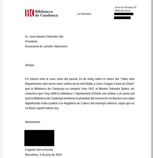 Carta de la directora de la Biblioteca de Cataluña al presidente de Juristes Valencians.