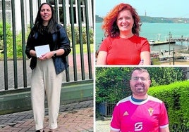 María Rubio (izq.), antes de votar en el Consulado de España de la ciudad alemana de Hamburgo; Amparo Oliver (arriba a la derecha), en Cais do Sodré, con vistas al Puente 25 de Abril y al Cristo Rey de Lisboa. y Javier Sánchez con la camiseta del Murcia en Bruselas.