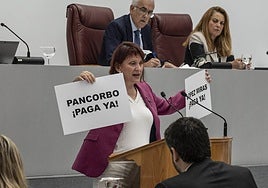 María Marín muesta un cartel donde se exige el pago de las ayudas del alquiler ya concedidas a los jóvenes de la Región.