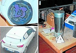 I: Sello del Grupo de Acción Ciudadana (GAC) y coche con el que se realizaban las vigilancias. D: Artefacto explosivo incautado en la vivienda.