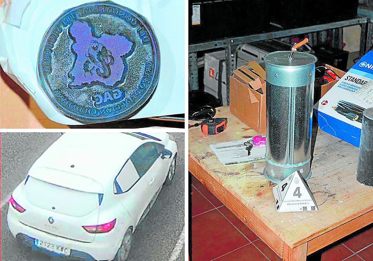 I: Sello del Grupo de Acción Ciudadana (GAC) y coche con el que se realizaban las vigilancias. D: Artefacto explosivo incautado en la vivienda.