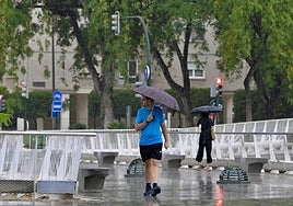 Dos viandantes se protegen de la lluvia con paraguas en Murcia, en una foto de archivo.