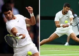 Carlos Alcaraz y Novak Djokovic, en el torneo de Wimbledon.