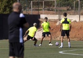 Los jugadores albinegros realizan un ejercicio en el entrenamiento de este miércoles en La Manga Club.