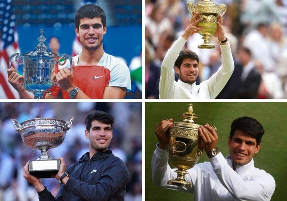 Alcaraz celebra el US Open, su primer Grand Slam. Alcaraz levanta su primer trofeo de Wimbledon en 2023. Alcaraz ganó Roland Garros el pasado 9 de junio. Ayer levantando el trofeo de campeón de Wimbledon 2024.