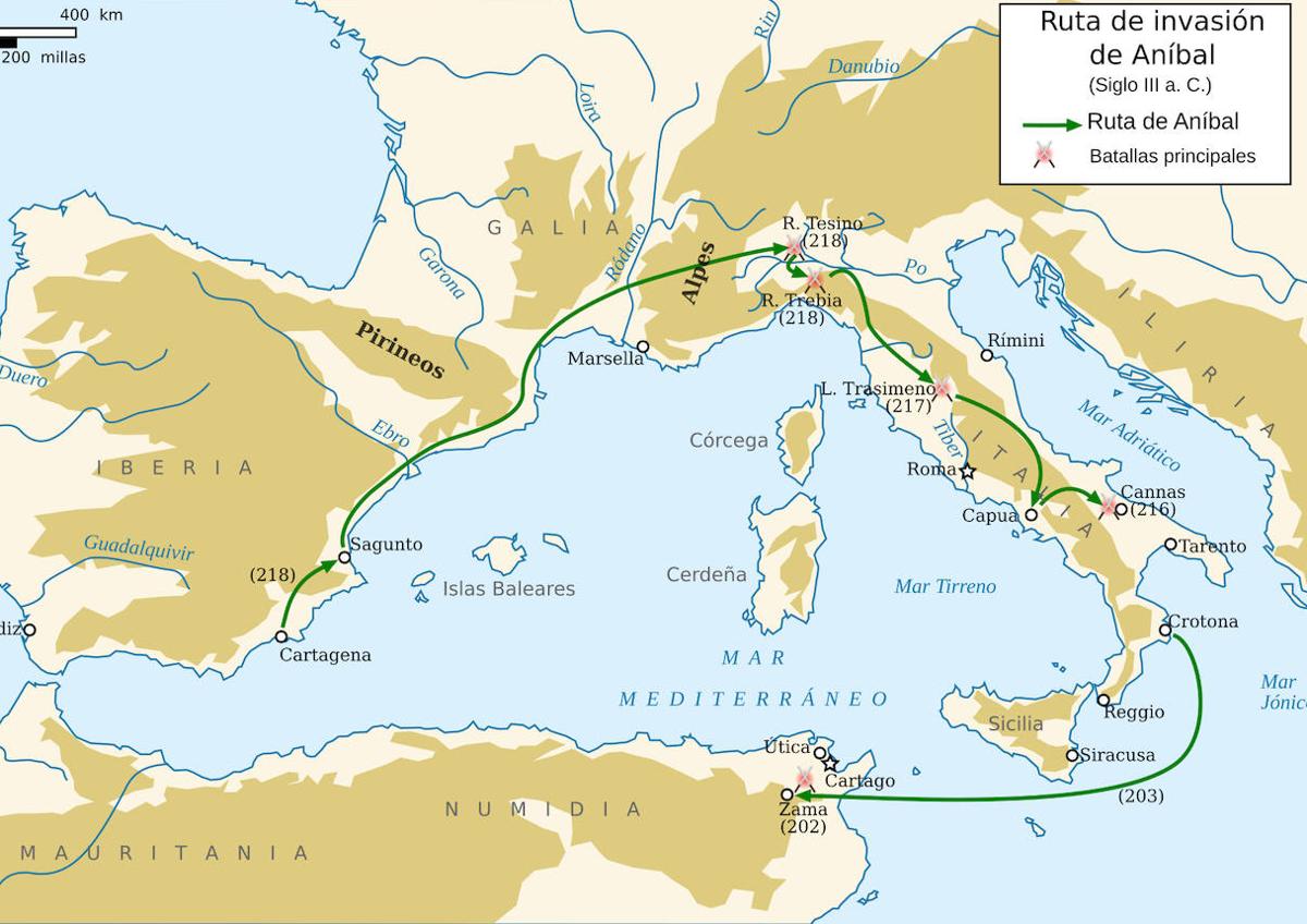 Imagen secundaria 1 - 1. Ruta seguida por Anibal desde Cartagena a Italia; este mismo itinerario se podría rememorar turísticamente. 2. Aníbal Barca según la IA