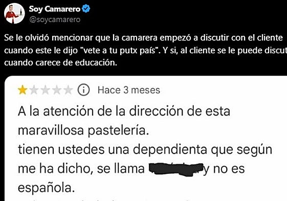 La respuesta racista de un cliente a una camarera tras llamarla 'cariño': «Vete a tu puto país».