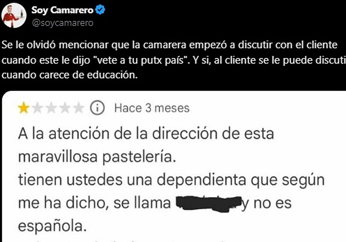 La respuesta racista de un cliente a una camarera tras llamarla 'cariño': «Vete a tu puto país».