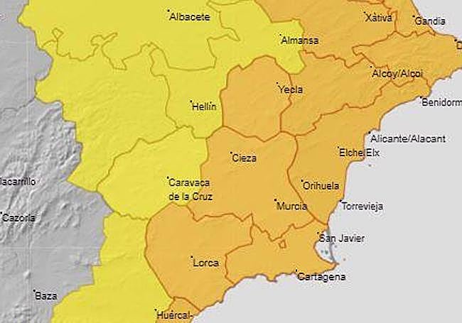 Mapa de la Aemet con los avisos por fuertes lluvias para este miércoles en la Región de Murcia.