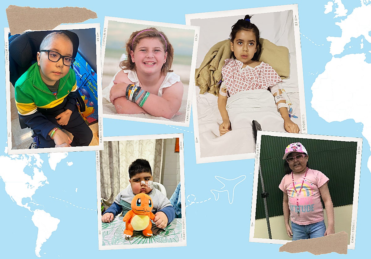 Santino, Vivian, Vicente, León y Morelia, que residen en distintos países de América, luchan por llegar al ensayo clínico que comienza en Navarra en octubre.