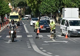 Los operarios trabajando, este lunes, en la calle Pintor Pedro Flores.