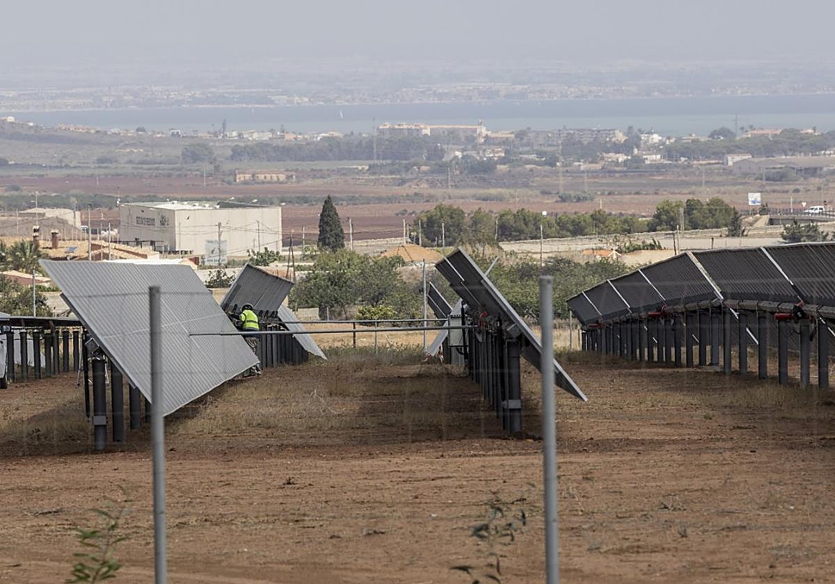 Un operario, en una planta solar situada en la diputación cartagenera de Llano del Beal, con el Mar Menor al fondo, ayer.