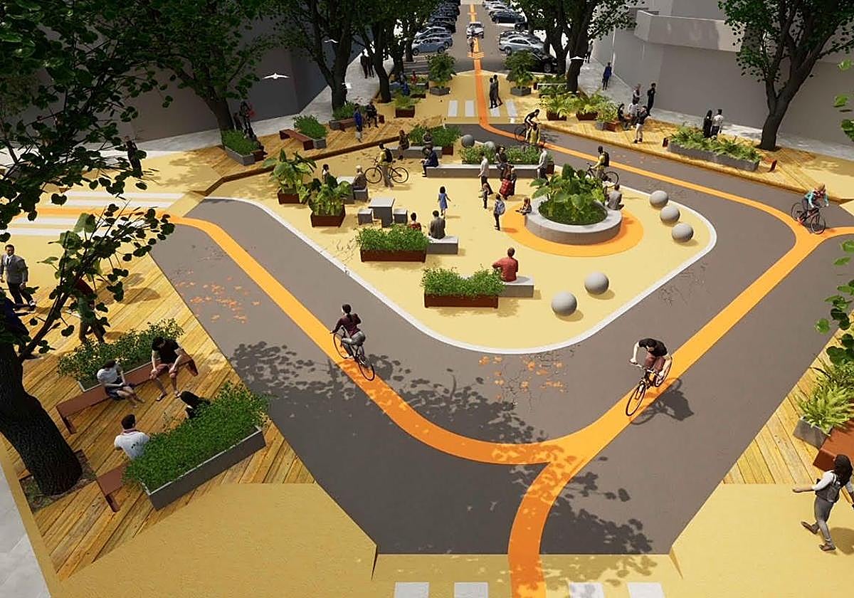 Una recreación de un cruce del ensanche de Cartagena con una intervención para reducir la velocidad de circulación y ampliar el espacio peatonal.