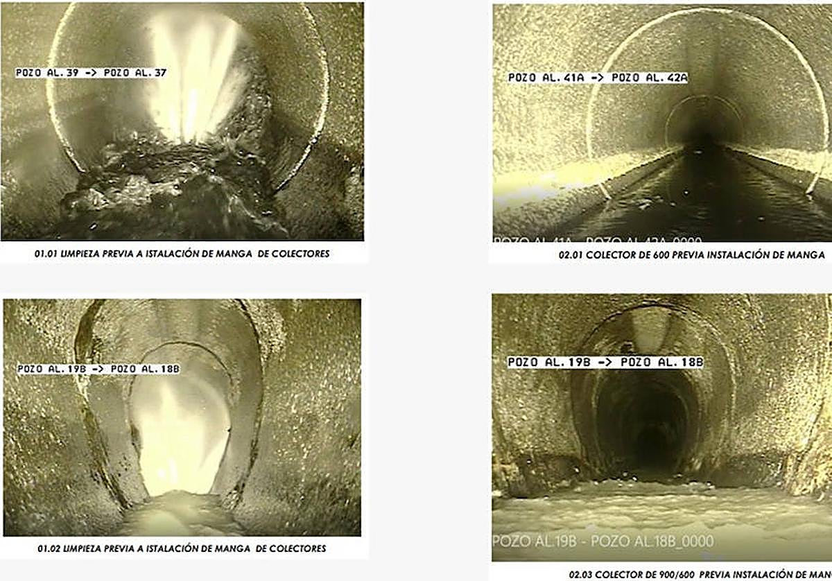 Imagen de archivo del antes y después de una tubería de saneamiento en la que se ha acometido un enfundado.