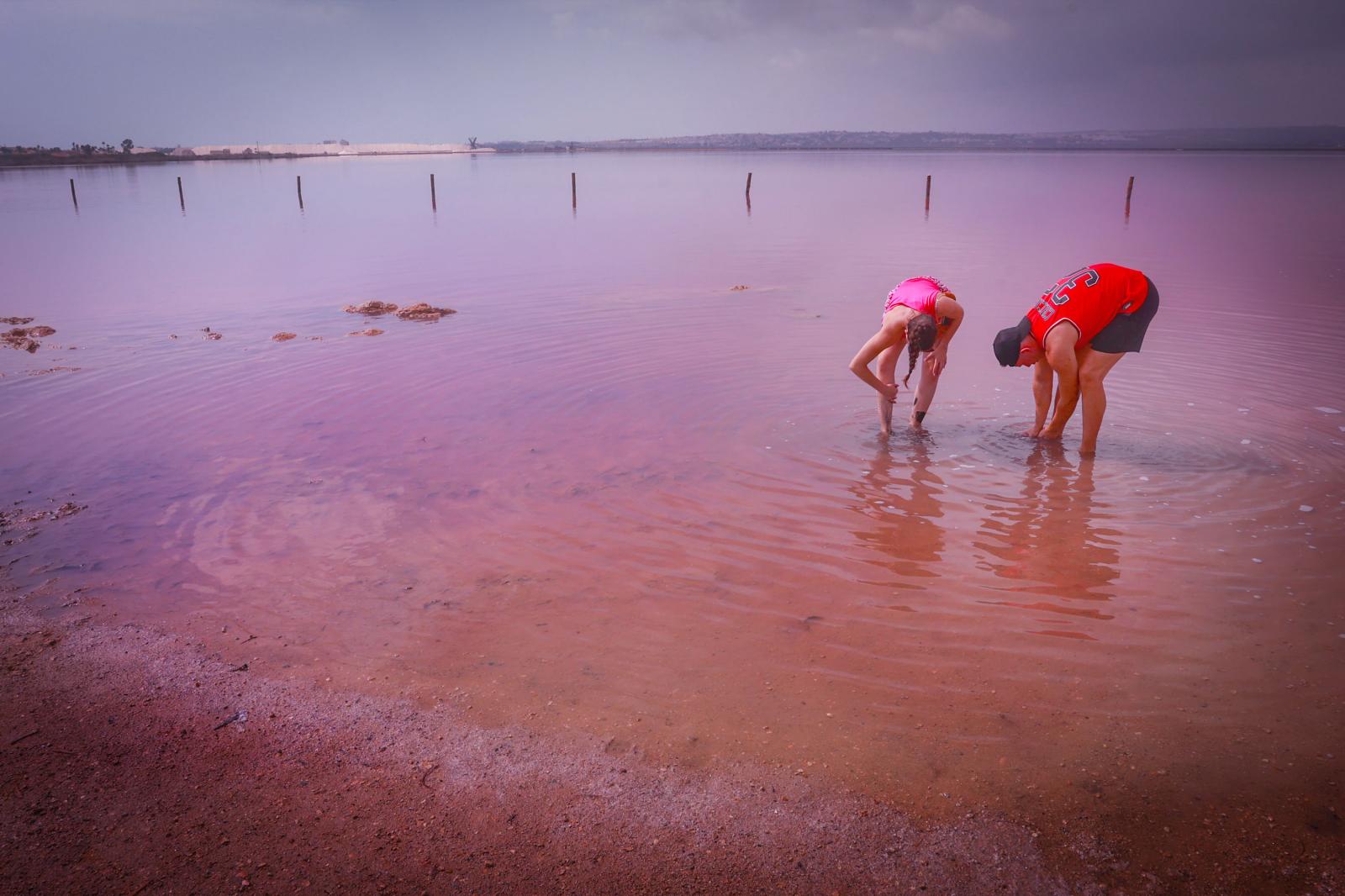 Los turistas toman las orillas de la Laguna Rosa de Torrevieja pese a la prohibición al baño