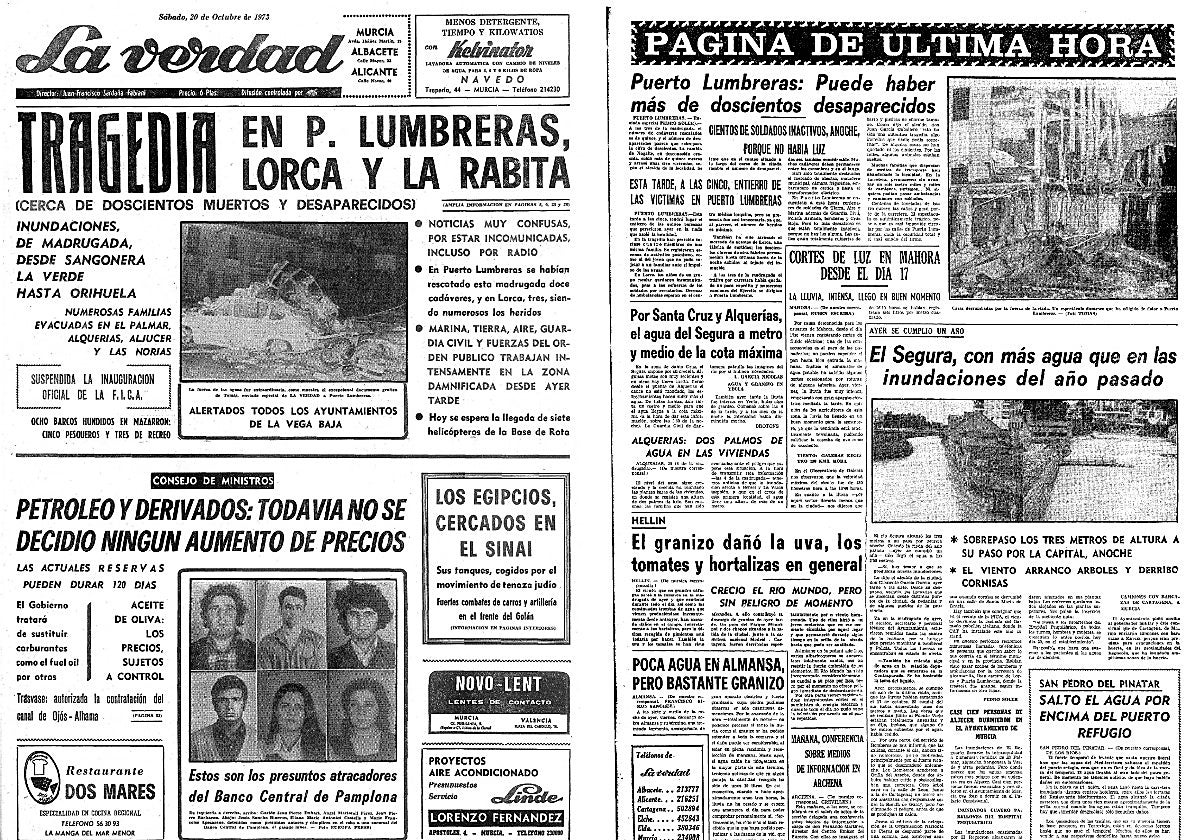 Portada y página interior de LA VERDAD tras la riada en Puerto Lumbreras y Lorca.