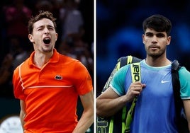 Ugo Humbert celebra eufórico su triunfo de anoche ante Alcaraz; a la derecha, el murciano abandona la pista cariacontecido.