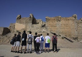 Alumnos del Colegio La Santa Cruz observan el palacio de Ibn Mardanís durante la primera visita accesible al público este martes.