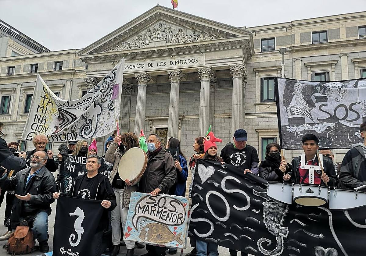 Asistentes a una concentración frente al Congreso en defensa de la ILP.