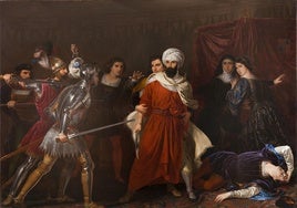 'Ibrahim-el Djerbi o el Moro Santo cuando en la tienda de la marquesa de Moya se intentó asesinar a los Reyes Católicos (Sitio de Málaga)', de Rafael Tegeo. 1850. Óleo sobre lienzo. 228x315 cm.