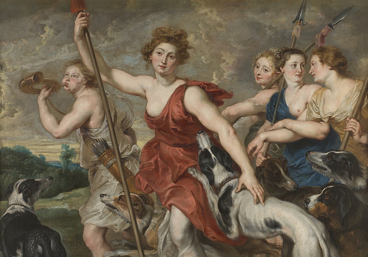 'Diana cazadora' (hacia 1620), de Pedro Pablo Rubens y taller. Esta pintura muestra una cacería de Diana con sus ninfas, un tema repetido en la mitología antigua y también en la pintura de Rubens.