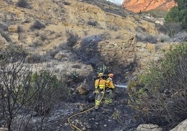 Los bomberos trabajando en la zona del incendio.