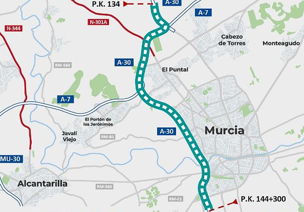 Zona de actuación de mejora del alumbrado en la A-30 a su paso por Murcia.