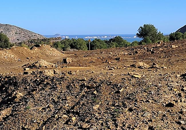 Residuos mineros a las afueras del Llano, con el Mar Menor al fondo.