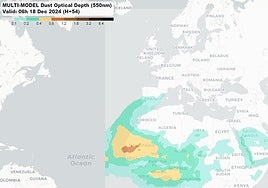 Mapa de la masa de polvo sahariano, según la previsión para el miércoles.