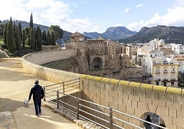 Un hombre pasea con su mascota por el entorno de la antigua Catedral, ubicada sobre el Teatro Romano.