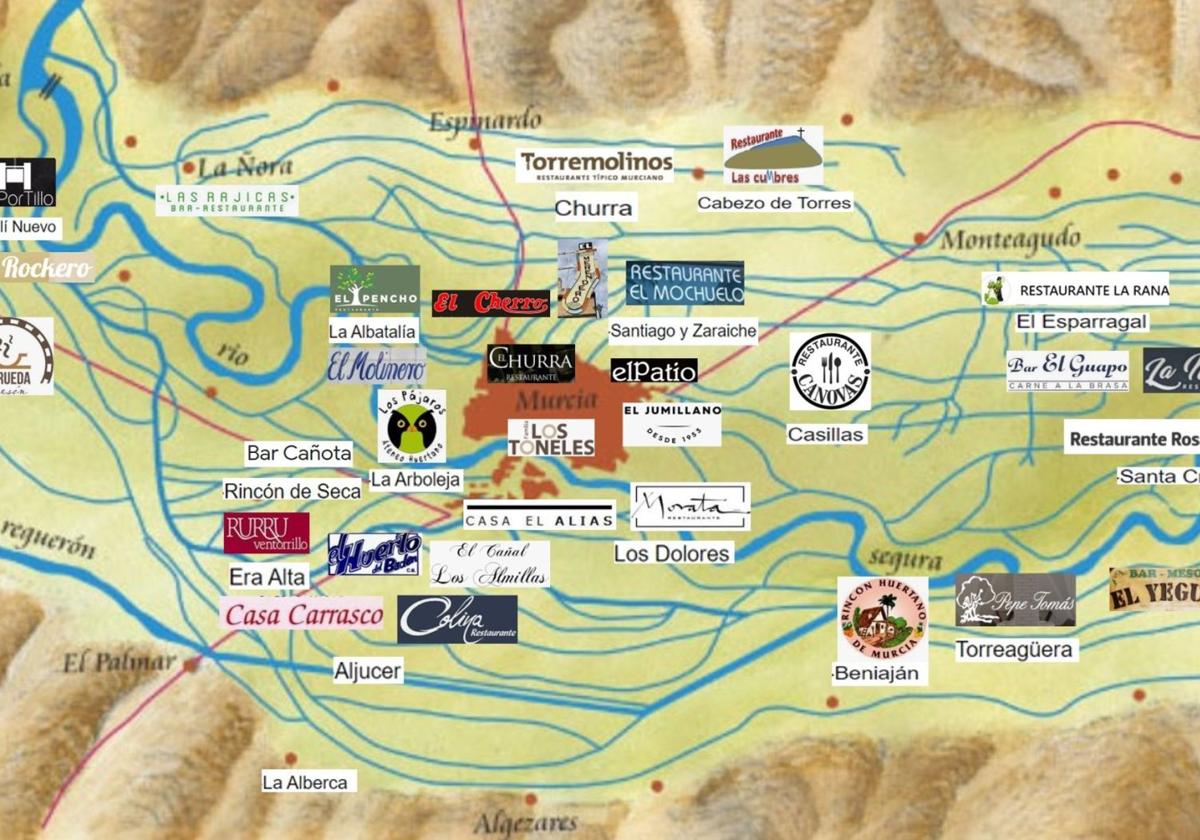 El mapa con los mejores bares y restaurantes de la huerta murciana.