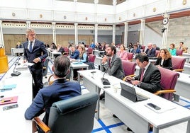 El consejero Luis Alberto Marín se dirige a los diputados de Vox Antelo y Martínez Alpañez, en la Asamblea Regional.