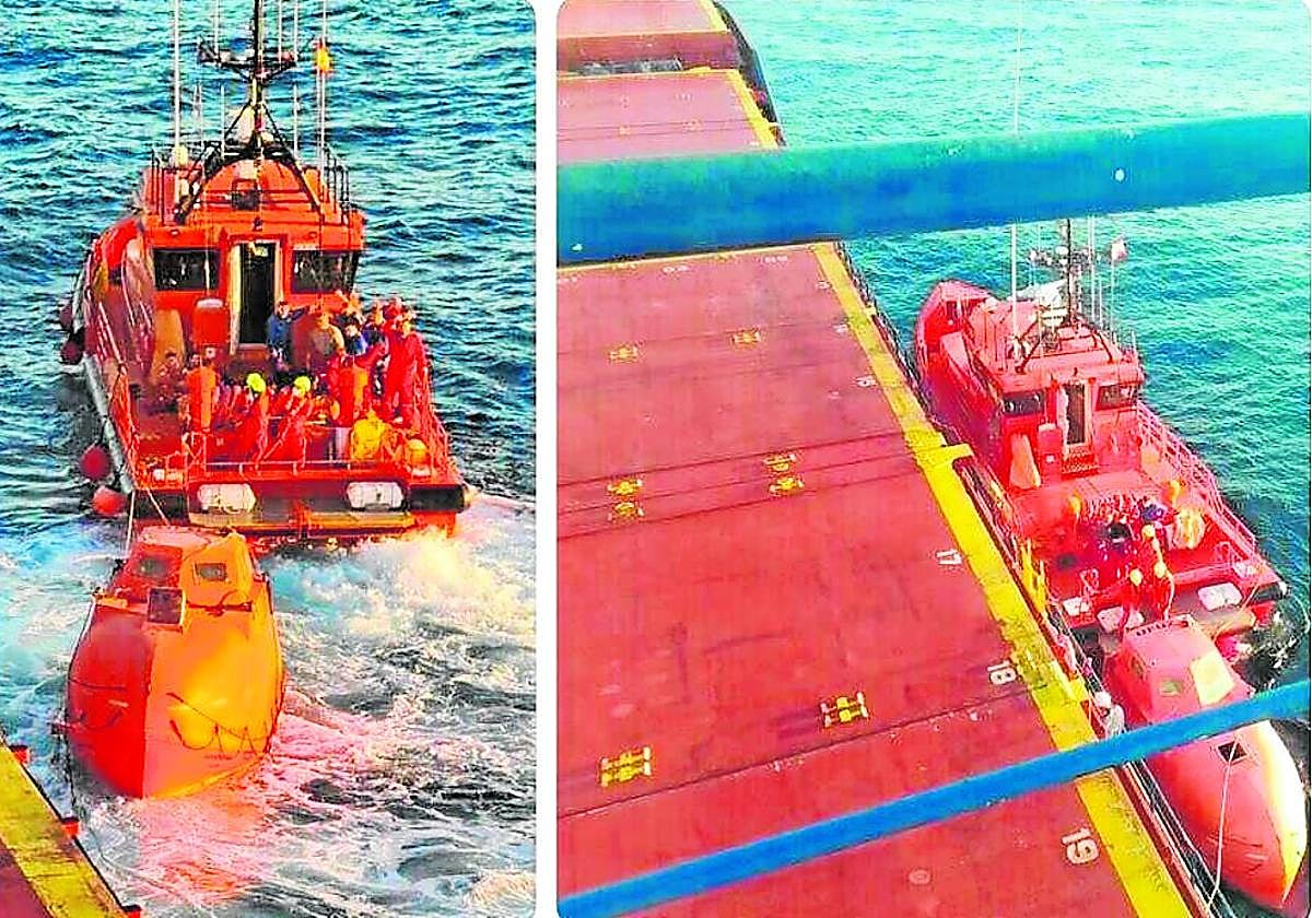 Imágenes de los rescatadores llegando al bote salvavidas, asegurado al costado del 'Oslo Carrier 3'.