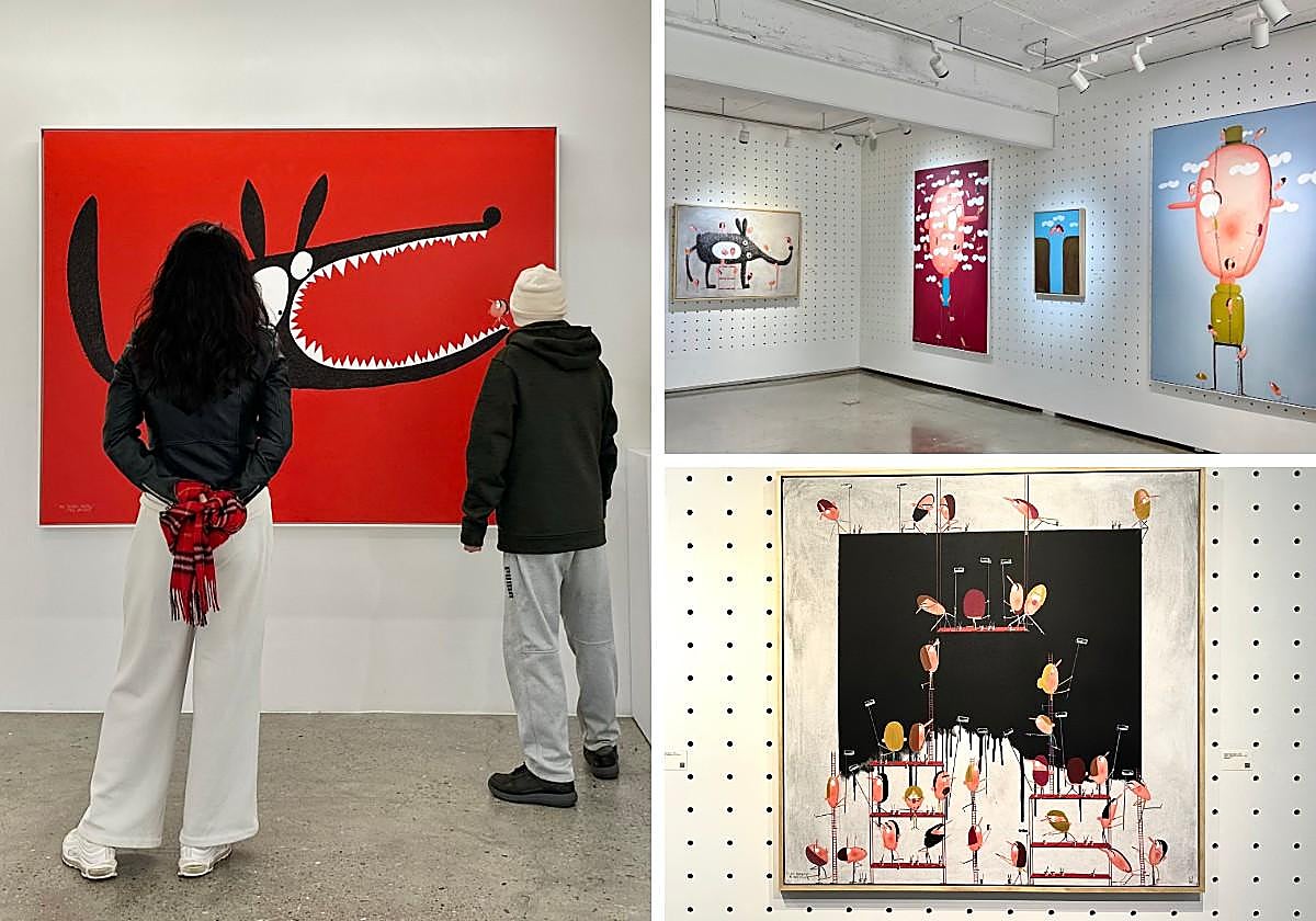 Dos visitantes contemplan una de las obras de la serie 'The Artist and the Monster', de Moisés Yagües. Obras de Moisés Yagües en la galería Ting Ting Art Space de Taipéi. Obra de la serie 'Los ayudantes'.