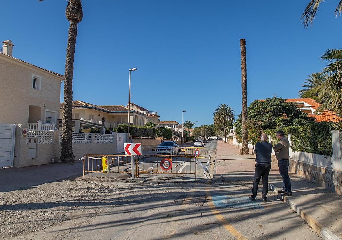La avenida de las Palmeras ha tenido que ser cortada por la aparición de un socavón en la calzada tras las últimas lluvias.
