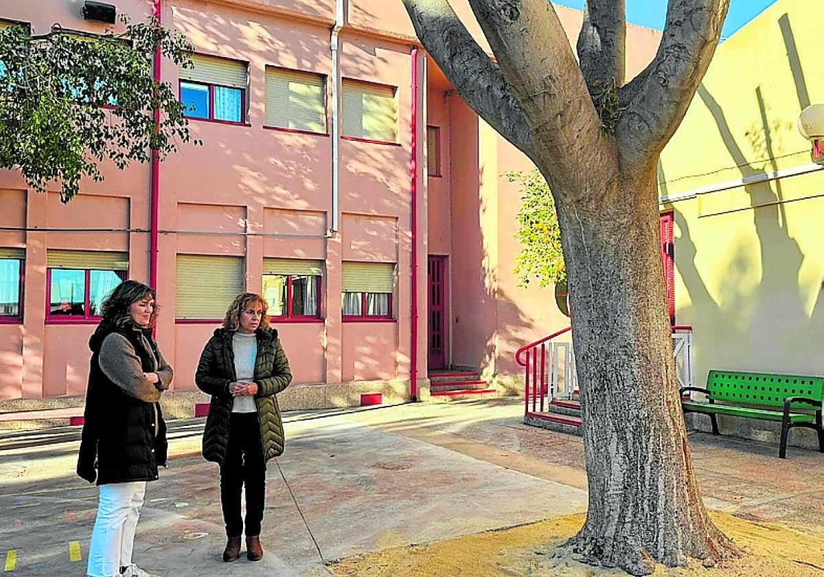 La concejala María Tornel (i) en el patio del Ricardo Campillo.