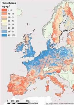 Imagen - Nivel de Fósforo presente en el suelo. En azul se representa la presencia de fósforo debido a condiciones naturales, que se observa más pronunciada en áreas del norte. En rojo está representada la existencia de fósforo debida a la fertilización empleada en la agricultura.