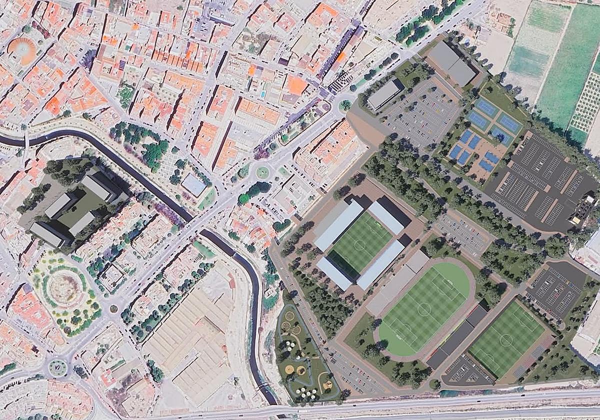 Recreación del ámbito completo de actuación de la Ciudad Deportiva, incluida la zona de Los Arcos, a la izquierda.