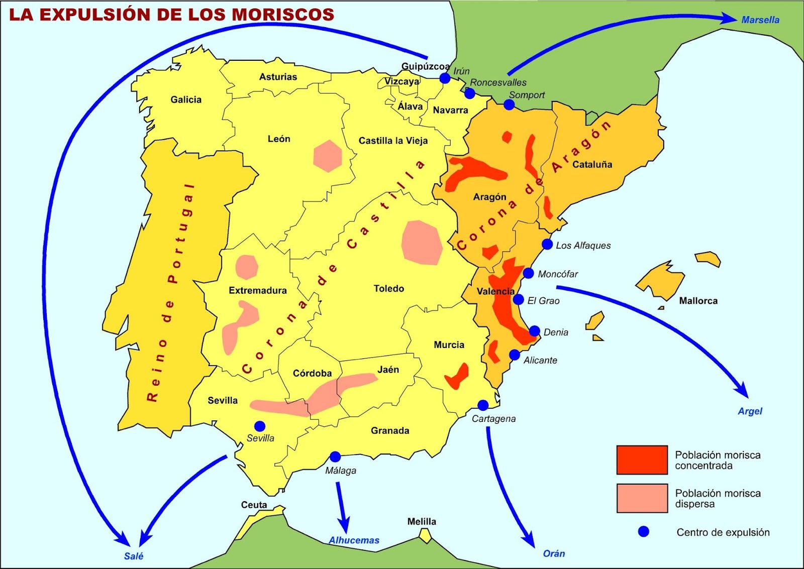 Mapa de la expulsión de los moriscos.