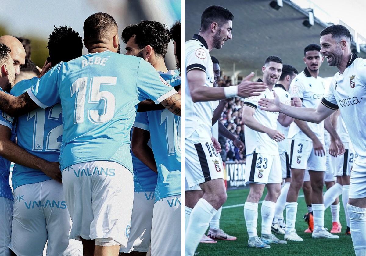 Los futbolistas del Ibiza, tras uno de los cinco goles que endosaron al Antequera el domingo. Rodri Ríos, a la derecha, y Redru celebran uno de los dos goles del Ceuta ante el Algeciras.