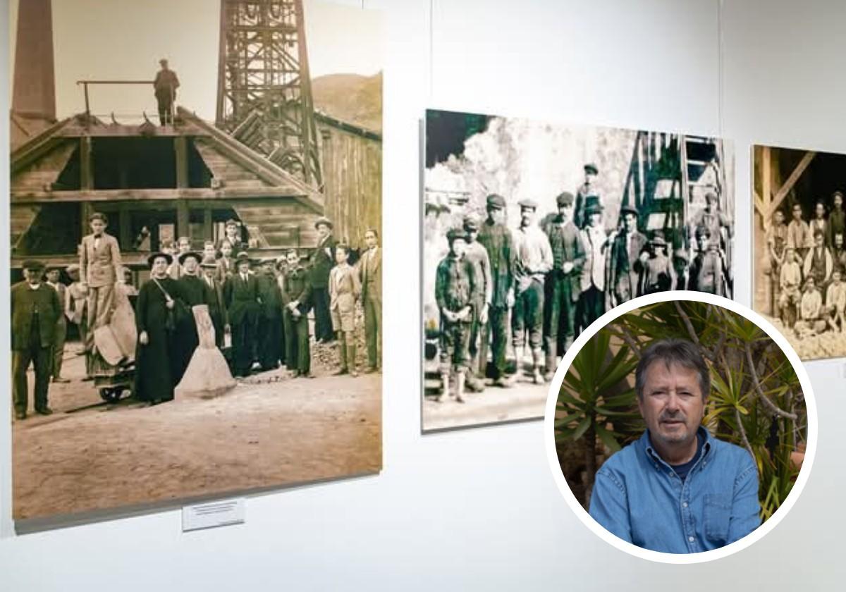 Fotos antiguas de mineros en una exposición en el Casino de Mazarrón. En la imagen pequeña Juan Durán Granados.