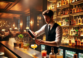 Ilustración de un barman preparando un cóctel.