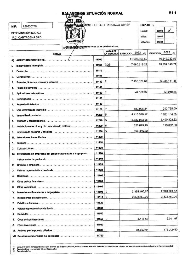 Imagen - Extracto de las cuentas del FC Cartagena a fecha del 30 de junio de 2024, auditadas por Aconsur y publicadas en el Registro Mercantil.