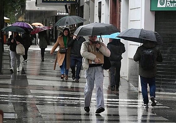 Viandantes con paraguas se protegen de la lluvia, en la Gran Vía de Murcia.
