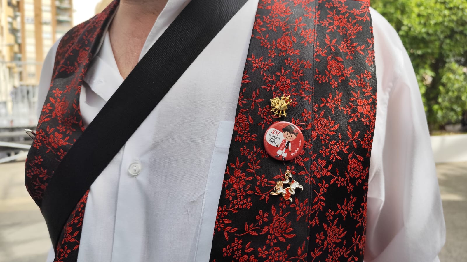 Por otro lado, Alberto tiene la tradición murciana tan presente que en su chaleco destaca la frase «Soy la alegría de la huerta» y dos huertanos bailando. 