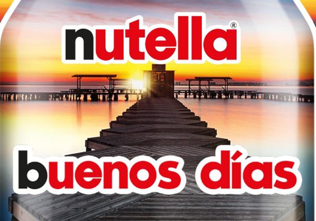 Imagen del bote de Nutella decorado con el amanecer del Mar Menor.