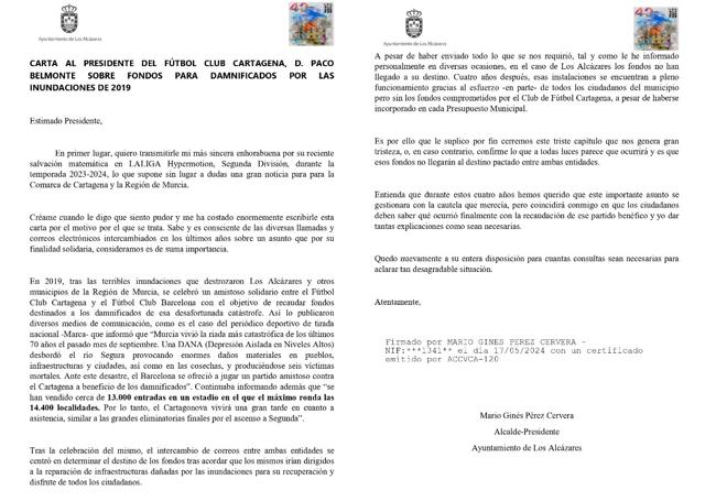 La carta que el alcalde de Los Alcázares Mario Cervera escribió al presidente del Efesé Paco Belmonte el 17 de mayo de 2024.