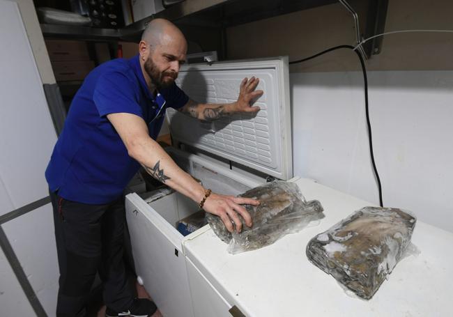 Juanjo Navarro, encargado del Bar Fénix, revisa dos pulpos congelados.