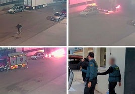El presunto autor de los hechos prende fuego a un vehículo (izq) y el arrestado en el momento de su detención (abajo-drcha).