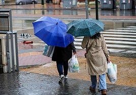Dos mujeres se protegen de la lluvia con paraguas tras hacer la compra.